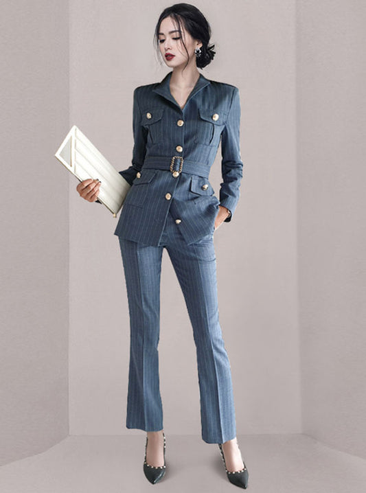 CM-SF082501 Women Elegant Seoul Style Single-Breasted Belt Waist Stripes Long Suits