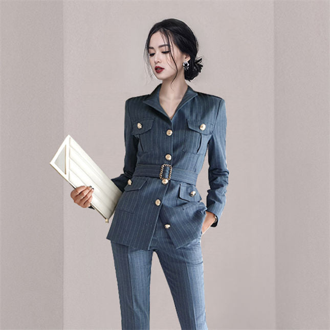 CM-SF082501 Women Elegant Seoul Style Single-Breasted Belt Waist Stripes Long Suits