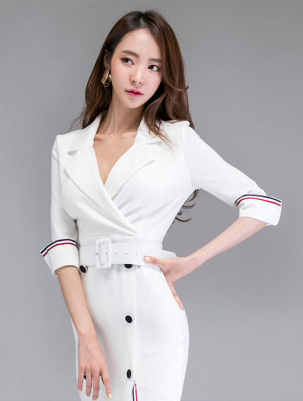 CM-DF082901 Women Casual Seoul Style Double-Breasted Tailored Collar Slim Dress - White