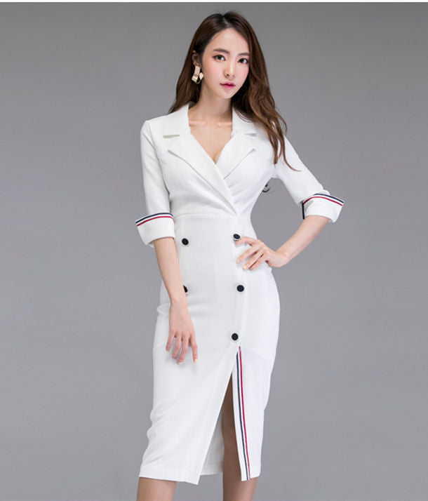 CM-DF082901 Women Casual Seoul Style Double-Breasted Tailored Collar Slim Dress - White