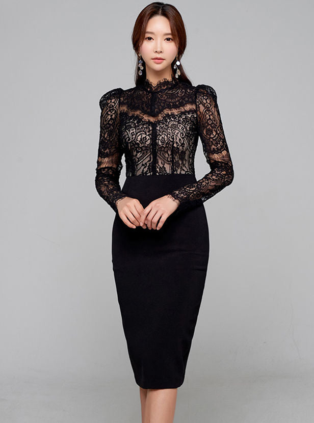 CM-DF090314 Women Elegant Seoul Style Lace Floral Splicing Long Sleeve Dress (Available in 2 colors)