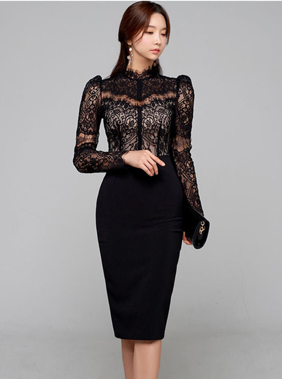 CM-DF090314 Women Elegant Seoul Style Lace Floral Splicing Long Sleeve Dress (Available in 2 colors)