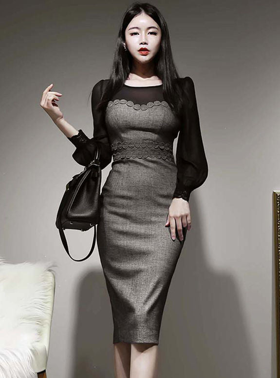 CM-DF090315 Women Retro Seoul Style Lace Fitted Waist Puff Sleeve Skinny Dress