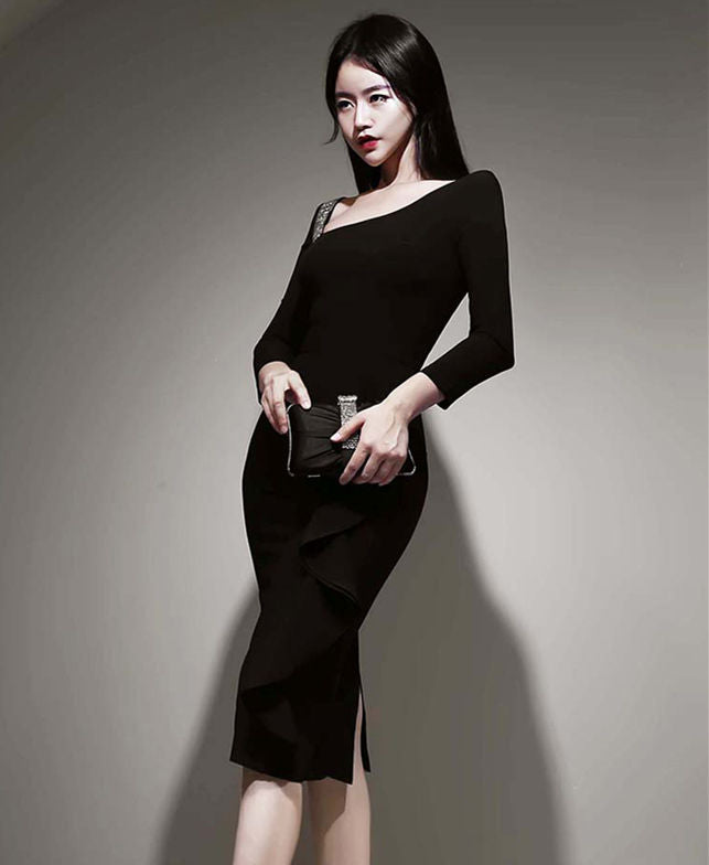 CM-DF090316 Women Elegant Seoul Style Sloping V-Neck Flouncing Slim Dress - Black
