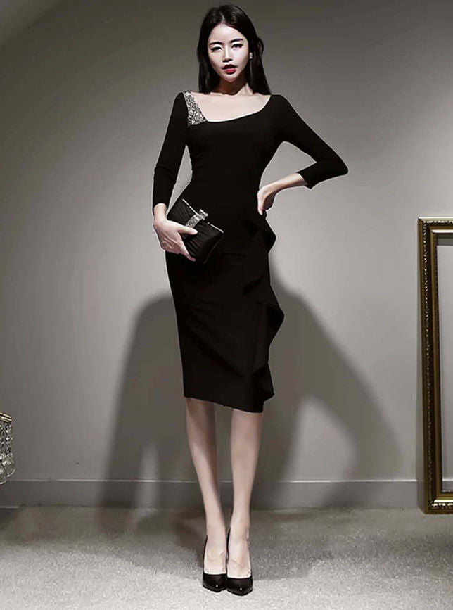 CM-DF090316 Women Elegant Seoul Style Sloping V-Neck Flouncing Slim Dress - Black