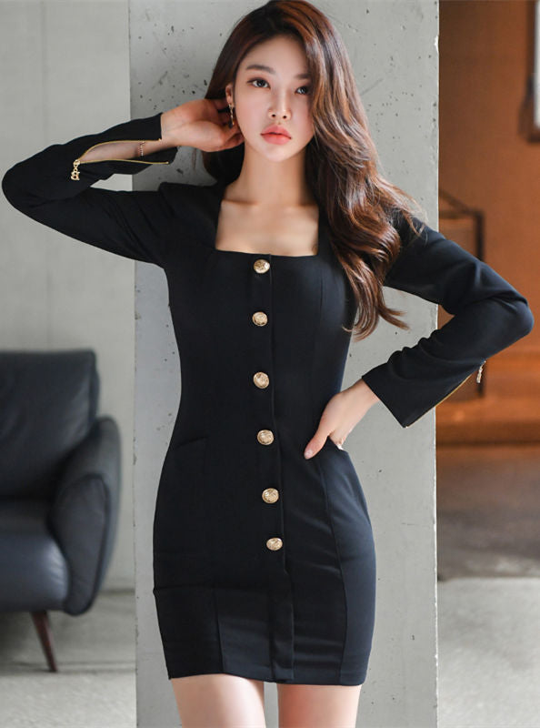 CM-DF090319 Women Casual Seoul Style Square Collar Single-Breasted Skinny Dress