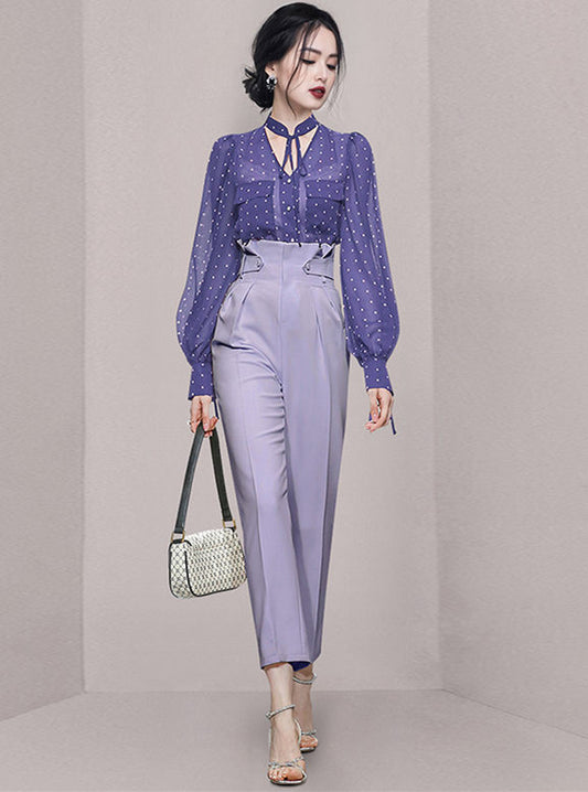 CM-SF090701 Women Elegant Seoul Style Dots Chiffon Blouse With High Waist Long Pants - Set (Available in 2 colors)