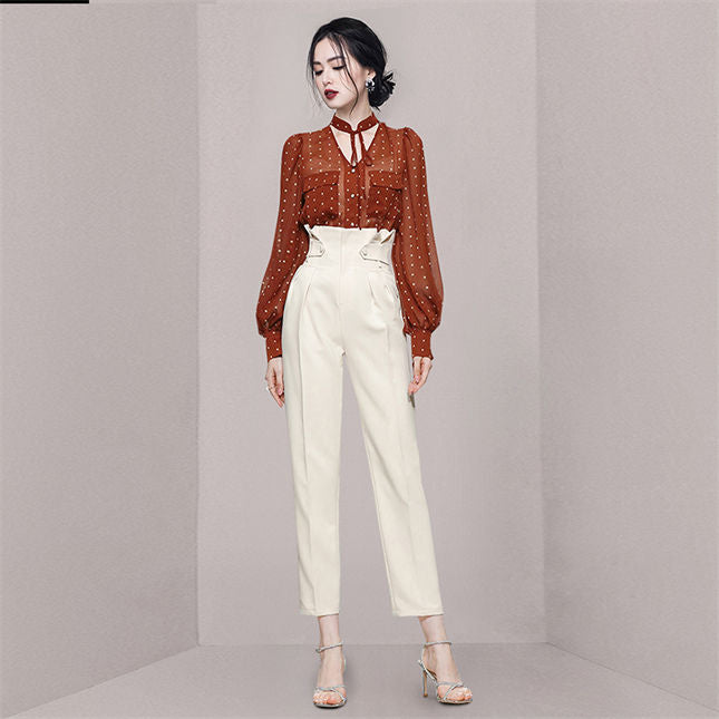 CM-SF090701 Women Elegant Seoul Style Dots Chiffon Blouse With High Waist Long Pants - Set (Available in 2 colors)