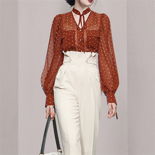 CM-SF090701 Women Elegant Seoul Style Dots Chiffon Blouse With High Waist Long Pants - Set (Available in 2 colors)