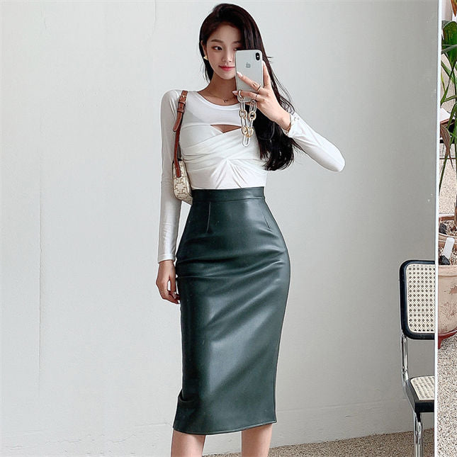 CM-SF090705 Women Casual Seoul Style Knitting T-Shirt With Skinny Leather Skirt - Set