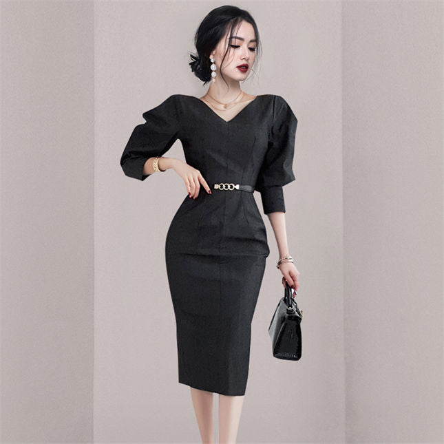 CM-DF090707 Women Elegant Seoul Style V-Neck Fitted Waist Puff Sleeve Bodycon Dress