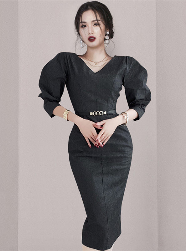 CM-DF090707 Women Elegant Seoul Style V-Neck Fitted Waist Puff Sleeve Bodycon Dress