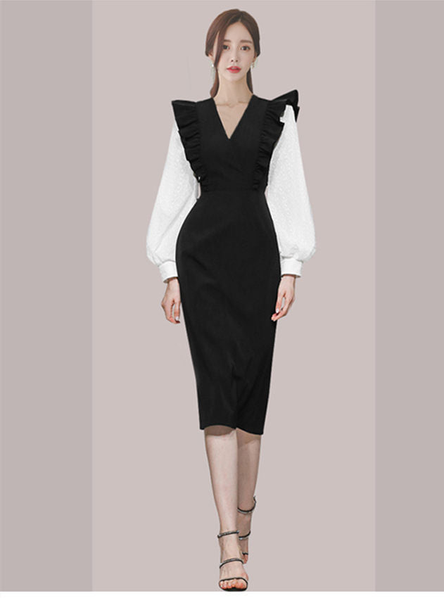CM-DF090718 Women Elegant Seoul Style V-Neck Fitted Waist Puff Sleeve Bodycon Dress