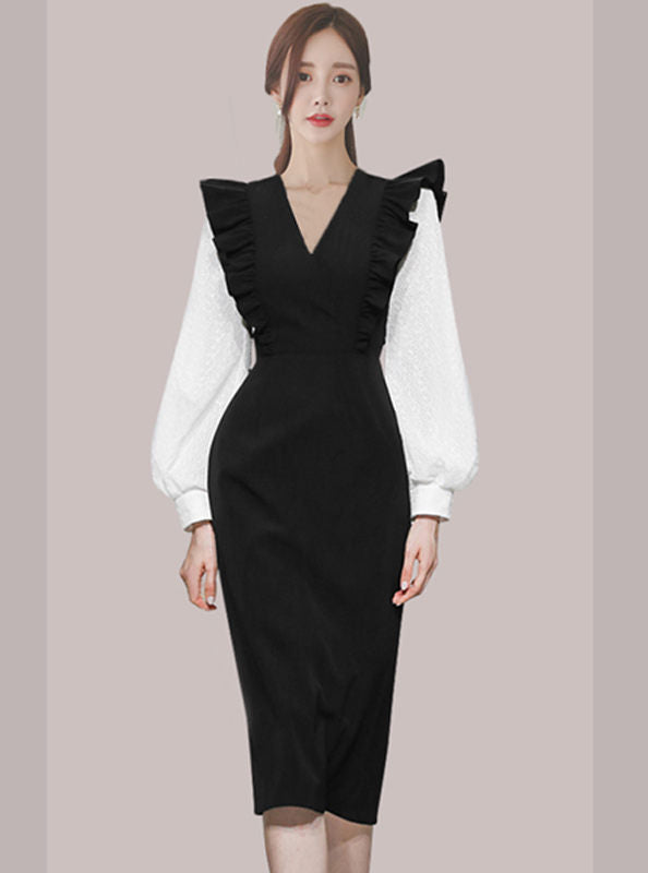 CM-DF090718 Women Elegant Seoul Style V-Neck Fitted Waist Puff Sleeve Bodycon Dress
