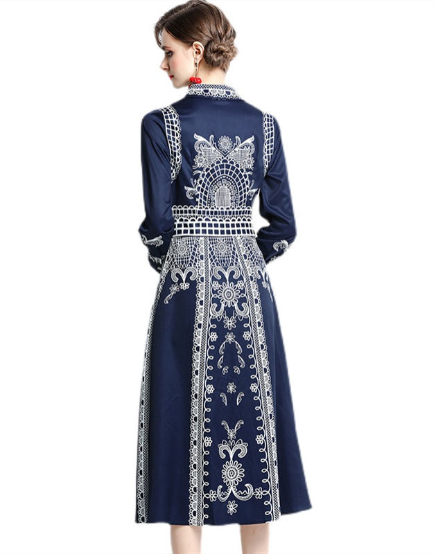 CM-DF090808 Women Elegant European Style Shirt Collar High Waist Floral Long Dress