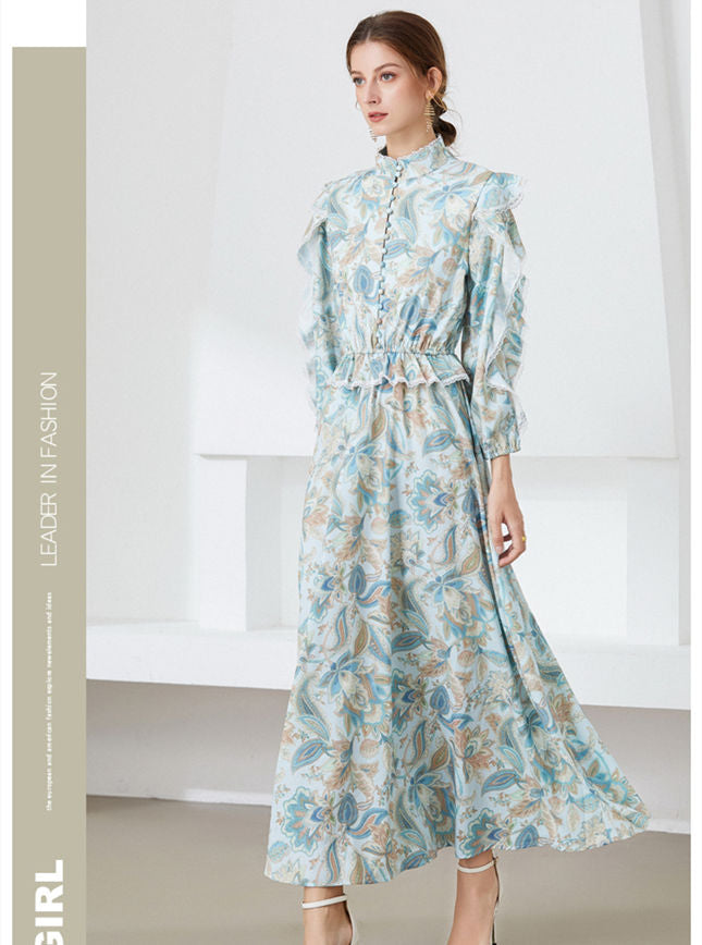 CM-DF090812 Women Casual European Style Elastic Waist Floral Puff Sleeve Maxi Dress