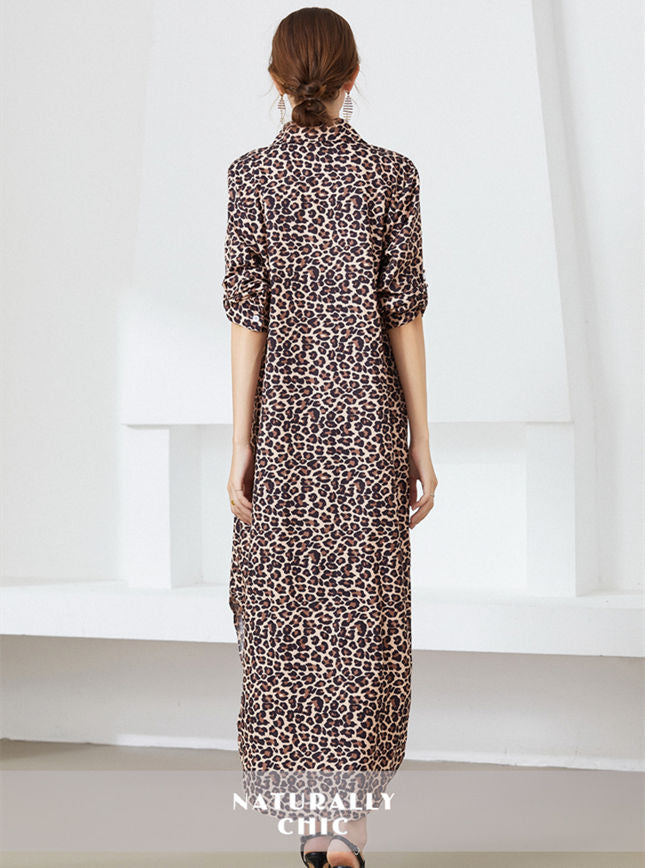 CM-DF090814 Women Casual Seoul Style Shirt Collar Leopard Loosen Maxi Dress