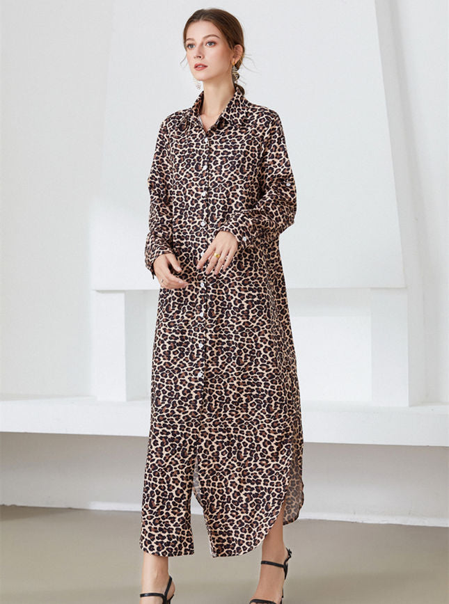 CM-DF090814 Women Casual Seoul Style Shirt Collar Leopard Loosen Maxi Dress