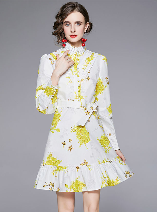 CM-DF091010 Women Elegant European Style Stand Collar Tie Waist Floral A-Line Dress