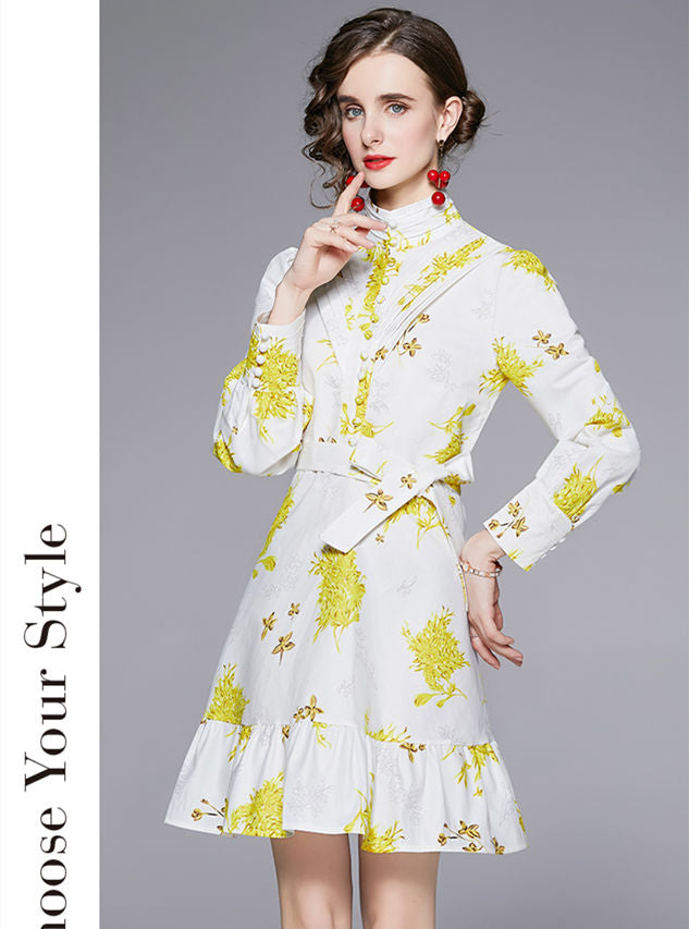 CM-DF091010 Women Elegant European Style Stand Collar Tie Waist Floral A-Line Dress