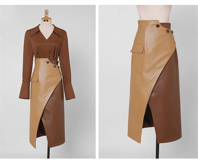 CM-SF091519 Women Retro Seoul Style V-Neck Blouse With Leather Long Skirt - Set