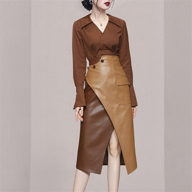 CM-SF091519 Women Retro Seoul Style V-Neck Blouse With Leather Long Skirt - Set