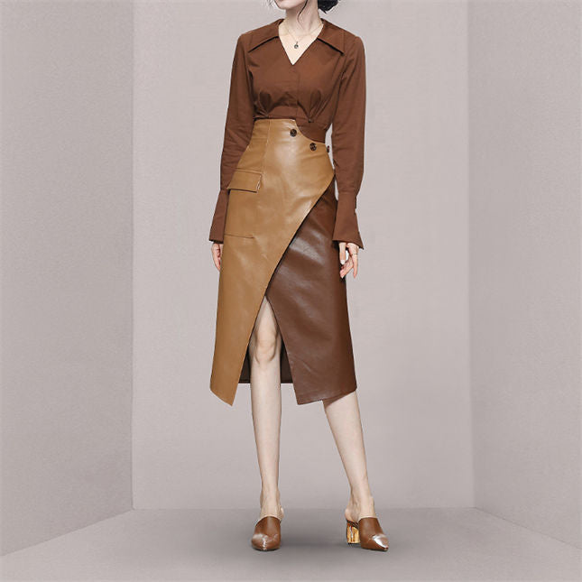 CM-SF091519 Women Retro Seoul Style V-Neck Blouse With Leather Long Skirt - Set