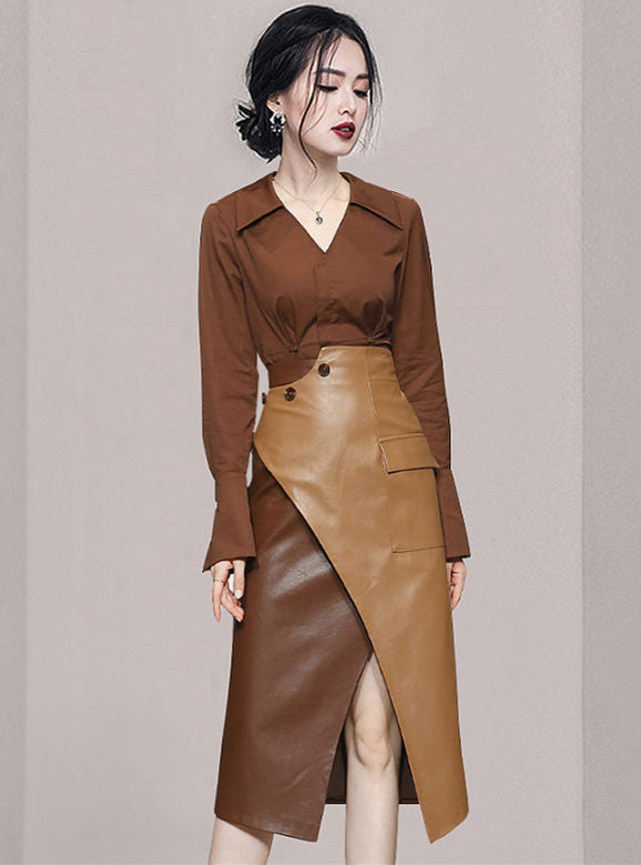 CM-SF091519 Women Retro Seoul Style V-Neck Blouse With Leather Long Skirt - Set