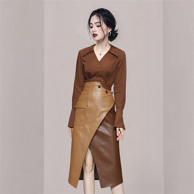 CM-SF091519 Women Retro Seoul Style V-Neck Blouse With Leather Long Skirt - Set