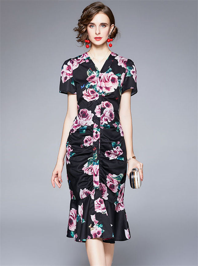 CM-DF092201 Women Charming European Style V-Neck Floral Pleated Fishtail Slim Dress
