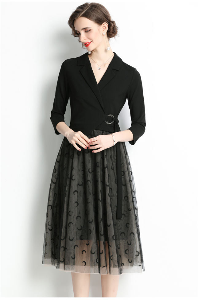 CM-DF092215 Women Elegant European Style Tailored Collar Splicing Gauze Fluffy Dress