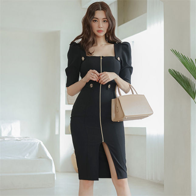 CM-DF092506 Women Elegant Seoul Style Zipper Square Collar Mid-Sleeve Slim Dress