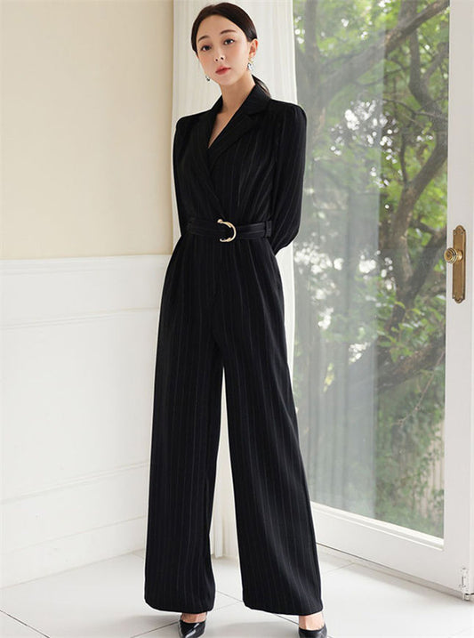 CM-JF092508 Women Elegant Seoul Style Tie High Waist Stripes Wide-Leg Long Jumpsuit