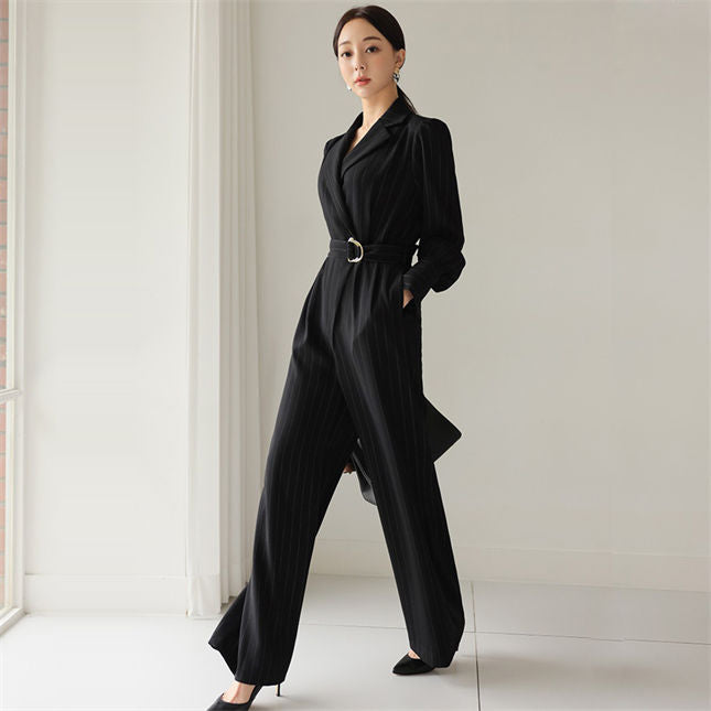 CM-JF092508 Women Elegant Seoul Style Tie High Waist Stripes Wide-Leg Long Jumpsuit
