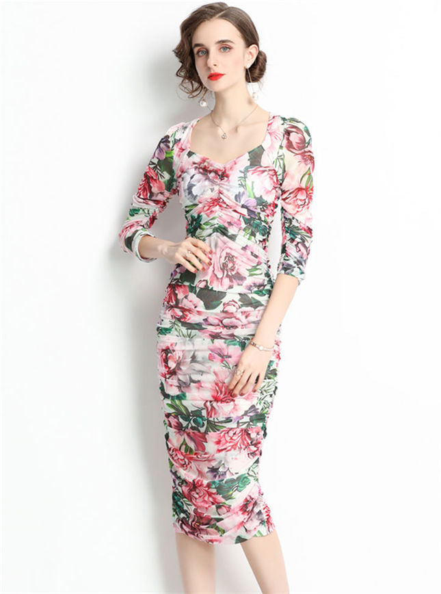 CM-DF092605 Women Elegant European Style Square Collar Floral Pleated Slim Dress