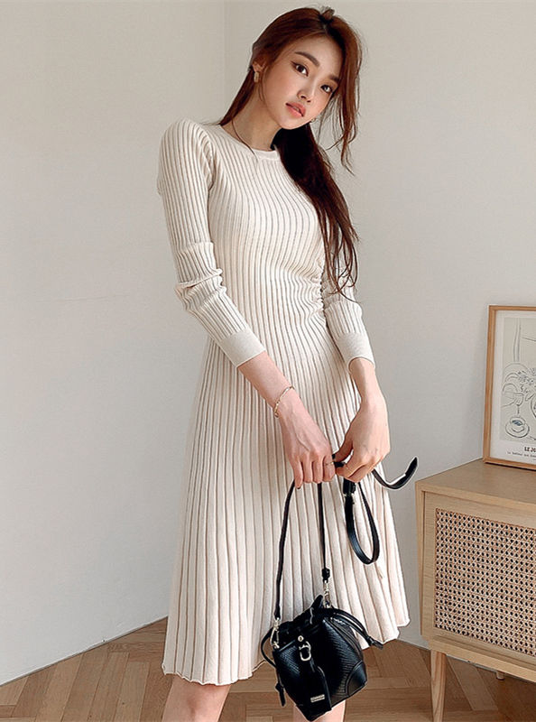 CM-DF092810 Women Casual Seoul Style Round Neck Pleated Knit A-Line Dress - Apricot