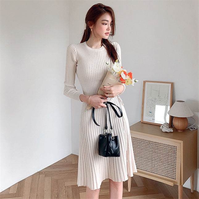 CM-DF092810 Women Casual Seoul Style Round Neck Pleated Knit A-Line Dress - Apricot