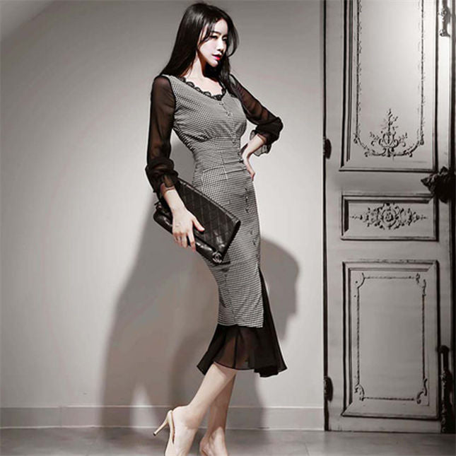 CM-DF092817 Women Elegant Seoul Style V-Neck Houndstooth Gauze Fishtail Slim Dress
