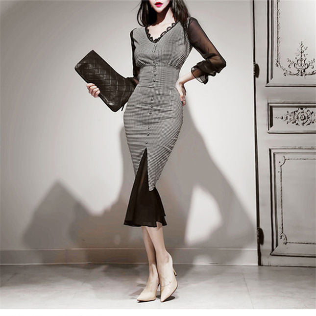 CM-DF092817 Women Elegant Seoul Style V-Neck Houndstooth Gauze Fishtail Slim Dress