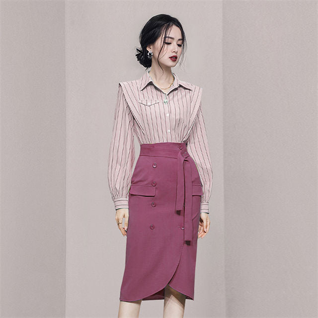 CM-SF100607 Women Elegant Seoul Style Stripes Blouse With Double-Breasted Midi Skirt - Set