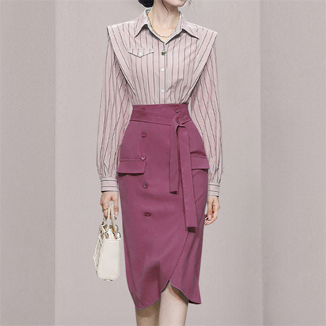 CM-SF100607 Women Elegant Seoul Style Stripes Blouse With Double-Breasted Midi Skirt - Set