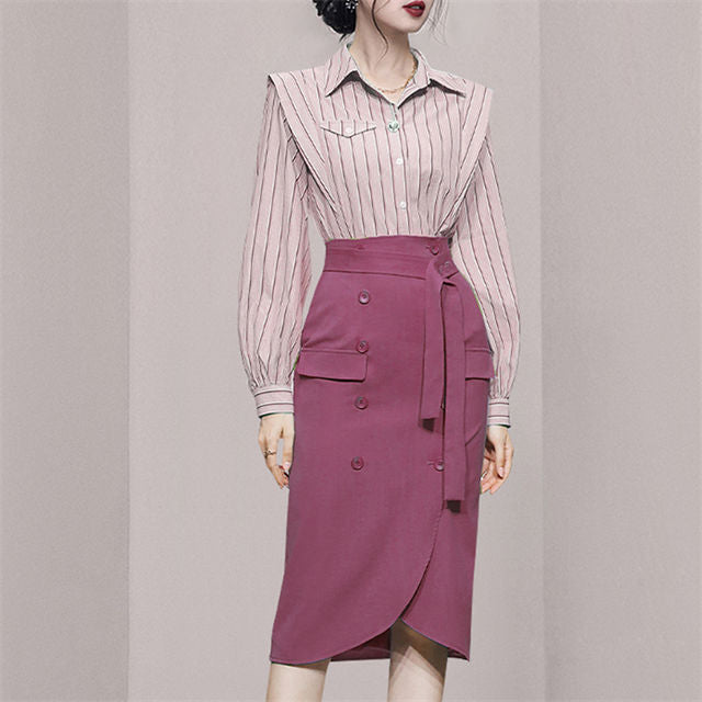 CM-SF100607 Women Elegant Seoul Style Stripes Blouse With Double-Breasted Midi Skirt - Set