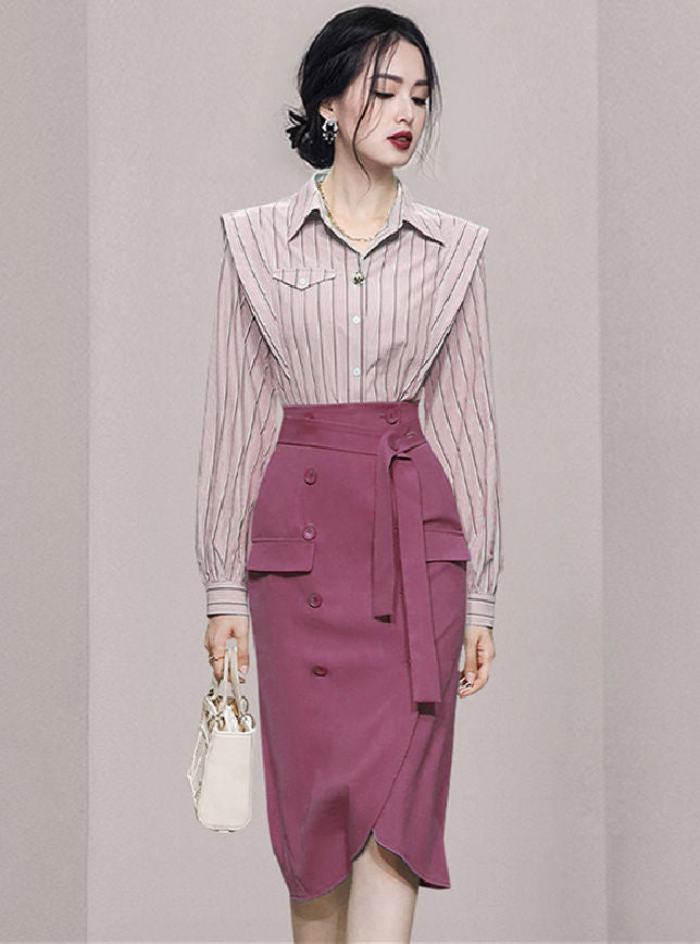 CM-SF100607 Women Elegant Seoul Style Stripes Blouse With Double-Breasted Midi Skirt - Set