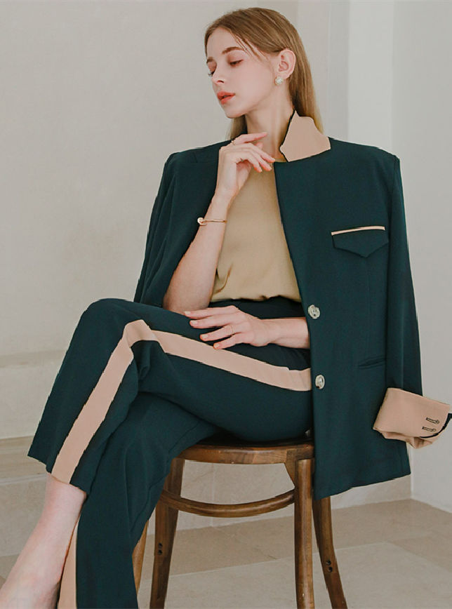 CM-SF100609 Women Elegant Seoul Style Tailored Collar Jacket With Long Pants - Set (Available in 2 colors)