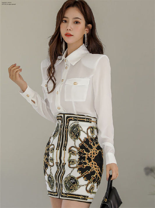 CM-SF100610 Women Casual Seoul Style Shirt Collar Blouse With Floral Slim Skirt - Set