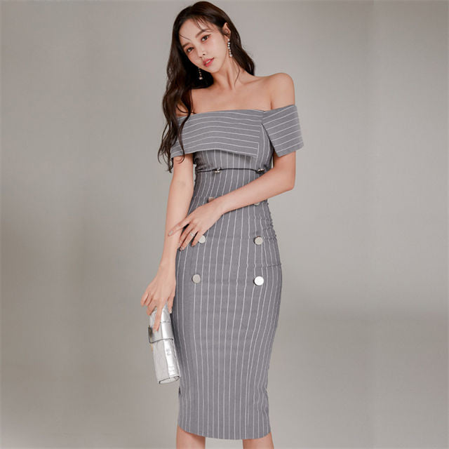 CM-DF100612 Women Casual Seoul Style Boat Neck Double-Breasted Stripes Dress
