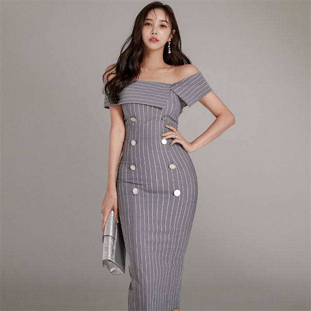 CM-DF100612 Women Casual Seoul Style Boat Neck Double-Breasted Stripes Dress