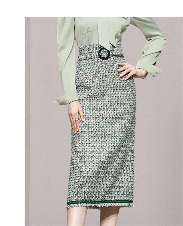 CM-SF100619 Women Elegant Seoul Style Tie Collar Blouse With Tweed Slim Long Skirt - Set