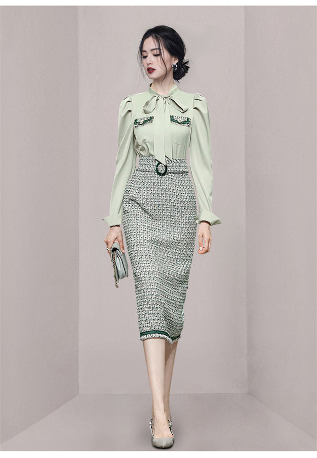 CM-SF100619 Women Elegant Seoul Style Tie Collar Blouse With Tweed Slim Long Skirt - Set