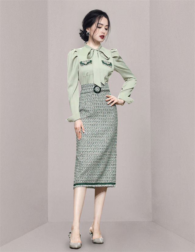 CM-SF100619 Women Elegant Seoul Style Tie Collar Blouse With Tweed Slim Long Skirt - Set